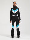 Gsou Snow Retro Damen-Skianzug mit Gürtel, V-Streifen und ausgestelltem Bein
