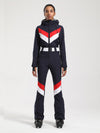 Gsou Snow Retro Damen-Skianzug mit Gürtel, V-Streifen und ausgestelltem Bein