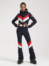 Gsou Snow Retro Damen-Skianzug mit Gürtel, V-Streifen und ausgestelltem Bein