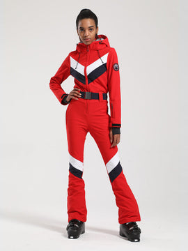Gsou Snow Retro Damen-Skianzug mit Gürtel, V-Streifen und ausgestelltem Bein