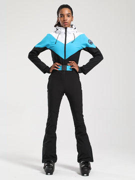 Gsou Snow Retro Damen-Skianzug mit Gürtel und farblich abgesetztem ausgestelltem Bein