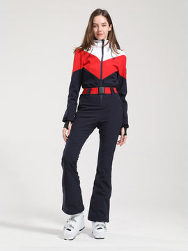 Gsou Snow Retro Damen-Skianzug mit Gürtel und farblich abgesetztem ausgestelltem Bein